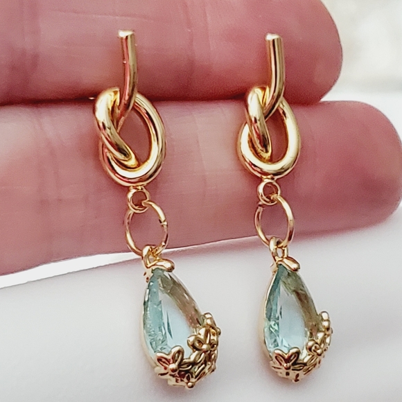 925 earrings ice blue real gold plated flowers aquamarine topaz knot crystal - Picture 13 of 15